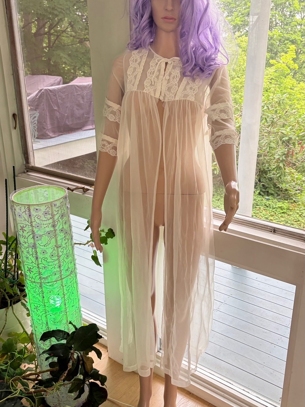 Vintage Sheer Lace-Trim Long Peignoir - Cream - Picture 1 of 7